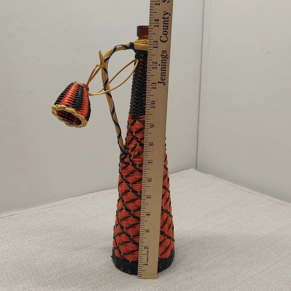 Vintage Woven Wrapped Amber Glass Decanter Bottle Orange Black Tiki Mid Century
